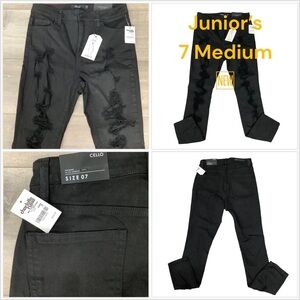 Charlotte Russe 7 Medium Jeans Destroyed Black Stacked Skinny Stretch Torn NWT